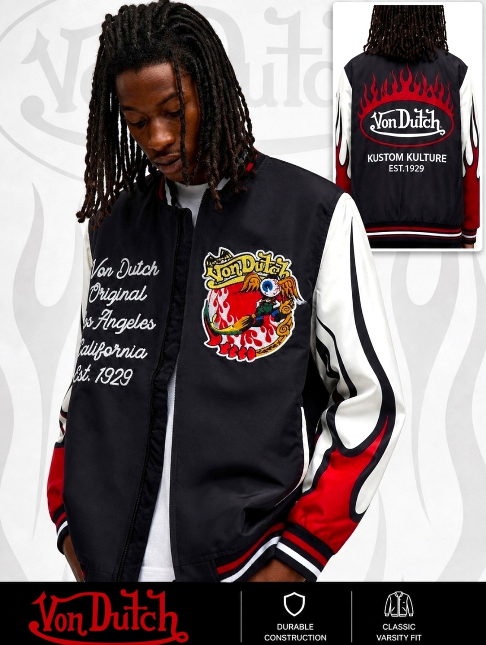 🔥 VON DUTCH Flame Varsity Jacket NWT Mens Large Embroidered Logo